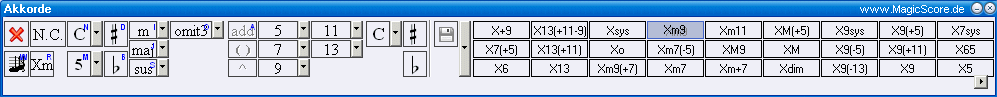 MagicScore zum Noten schreiben am PC! Chords  /   Akkorde This music composing software allows you to enter chords or chord definitions by way of a special editor, to select chords from a list of user-defined chords and to create your own chords. 
Mit der Software MagicScore k�nnen Sie Akkordsymbole mit einem speziellen Editor eingeben, die vordefinierten Akkorde verwenden, oder aber auch komplett eigene Akkorde und Akkordbezeichnungen kreieren.