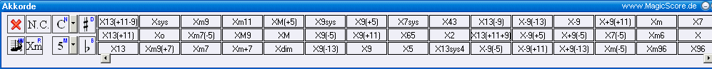 MagicScore zum Noten schreiben am PC! This music composing software allows you to enter chords or chord definitions by way of a special editor, to select chords from a list of user-defined chords and to create your own chords. 
Mit der Software MagicScore k�nnen Sie Akkordsymbole mit einem speziellen Editor eingeben, die vordefinierten Akkorde verwenden, oder aber auch komplett eigene Akkorde und Akkordbezeichnungen kreieren.