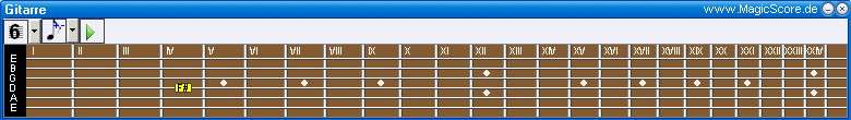 MagicScore zum Noten schreiben am PC! Guitar players will find the virtual guitar deck from MagicScore Maestro a useful tool for entering chords. MagicScore stellt ein Virtuelles Keyboard und auch ein virtuelles Gitarrengriffbrett f�r die Noteneingabe zur Verf�gung. Dabei l�sst sich das Griffbrett umstellen, so dass die verschiedensten Griffbretter und auch unterschiedliche Stimmungen zur Verf�gung stehen