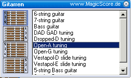 MagicScore zum Noten schreiben am PC! Guitar players will find the virtual guitar deck from MagicScore Maestro a useful tool for entering chords. MagicScore stellt ein Virtuelles Keyboard und auch ein virtuelles Gitarrengriffbrett f�r die Noteneingabe zur Verf�gung. Dabei l�sst sich das Griffbrett umstellen, so dass die verschiedensten Griffbretter und auch unterschiedliche Stimmungen zur Verf�gung stehen