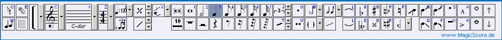 MagicScore zum Noten schreiben am PC! The Notes palette of this music notation software is designed to make it easy to the enter clefs, keys, rests, notes and symbols for a note in the score.

Die Notenpalette dieser Notations-Software ist optimal gestaltet um leicht und schnell Notenschl�ssel, Vorzeichen, Pausen, Noten und eine gro�e Palette an Symbolen einzugeben. 