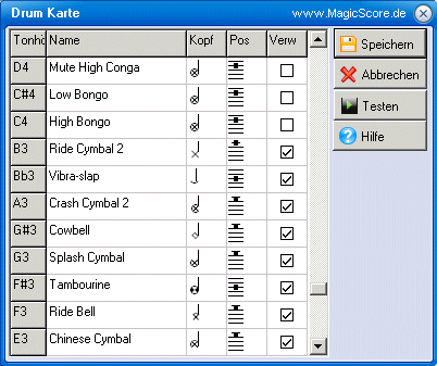 MagicScore zum Noten schreiben am PC! Drum notation - Schlagzeug-Notation - Auswahl und Einstellungen f�r das komplette Drumset