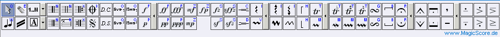 MagicScore zum Noten schreiben am PC! MagicScore gives wide range of musical symbols is accessible through the programs interface.
MagicScore bietet eine F�lle an musikalischen Symbolen an.