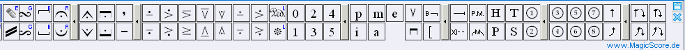 MagicScore zum Noten schreiben am PC! MagicScore gives wide range of musical symbols is accessible through the programs interface.
MagicScore bietet eine F�lle an musikalischen Symbolen an.