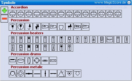 MagicScore zum Noten schreiben am PC! You can extend functionality of this music notation program by adding your own sets of musical symbols, which will later let you add these symbols to the score without the necessity of drawing them again. 
Sie k�nnen die Funktionalit�t dieser Musiknotations Software erweitern, indem Sie eigene Sets musikalischer Symbole hinzuf�gen. welche dann f�r alle Ihre zuk�nftigen Notens�tze / Partituren zur Verf�gung stehen und jederzeit zum Notenblatt hinzugef�gt werden k�nnen.